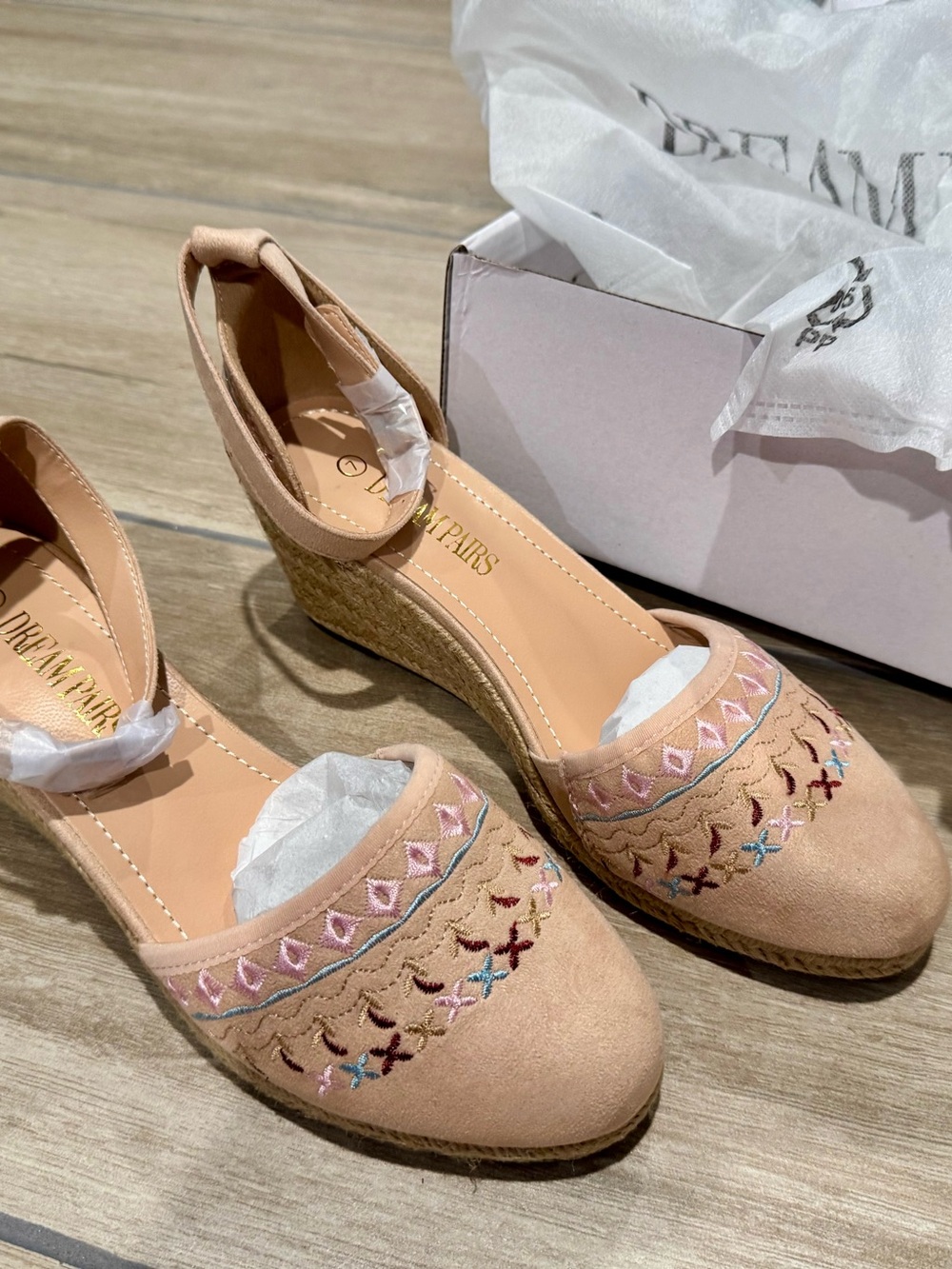 Dream Pairs Beige Pink Embroidered Wedge Espadrilles